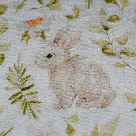 Spring Bunny Rabbit Flowers Leaves Nursery Swaddle Muslin Baby Blanket - Picture 2 of 12